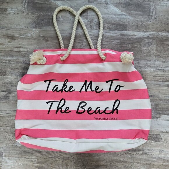 Victorias Secret Pink White Stripe Canvas Take Me To The Beach Tote Rope Handles - Picture 3 of 11
